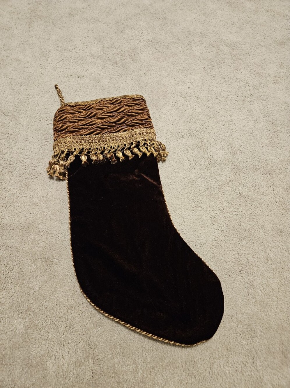 Brown Velvet Christmas Stocking - Gold Tassel Trim